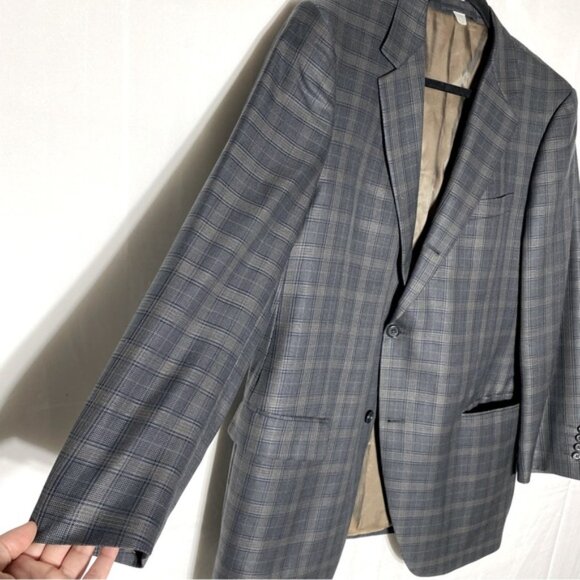 Vintage Grey Tan Plaid Wool Silk Blend Blazer Sport Coat 44R - Picture 10 of 14